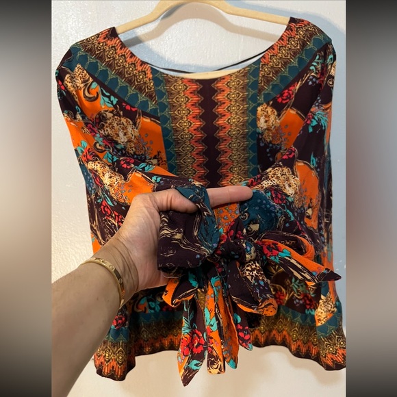 Free People Catch Me If You Can Top Blouse Purple Floral Tie Cuffs Cropped Small - Picture 12 of 15